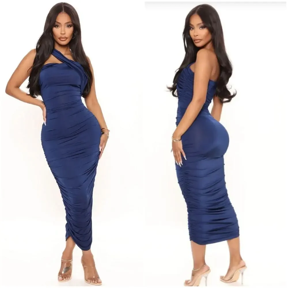 NWT Fashion Nova Tessa Ruched Midi Dress Navy One Shoulder Size 1X - Picture 1 of 12